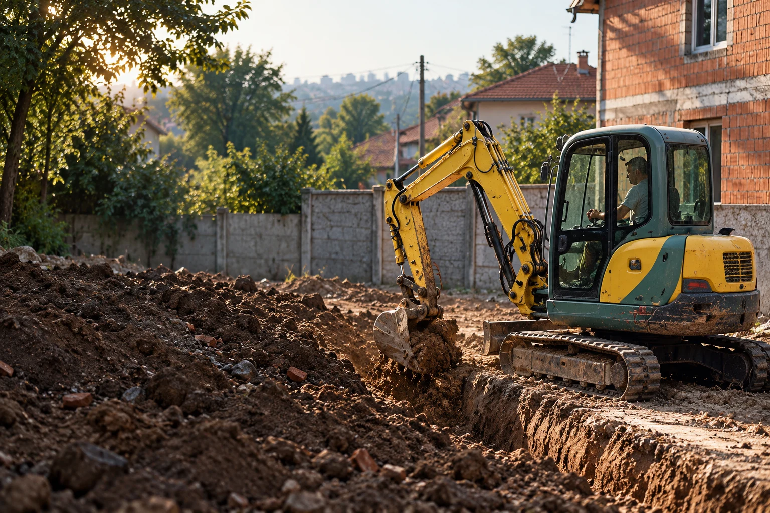 Žuti mini bager na terenu uz kuću od cigle
